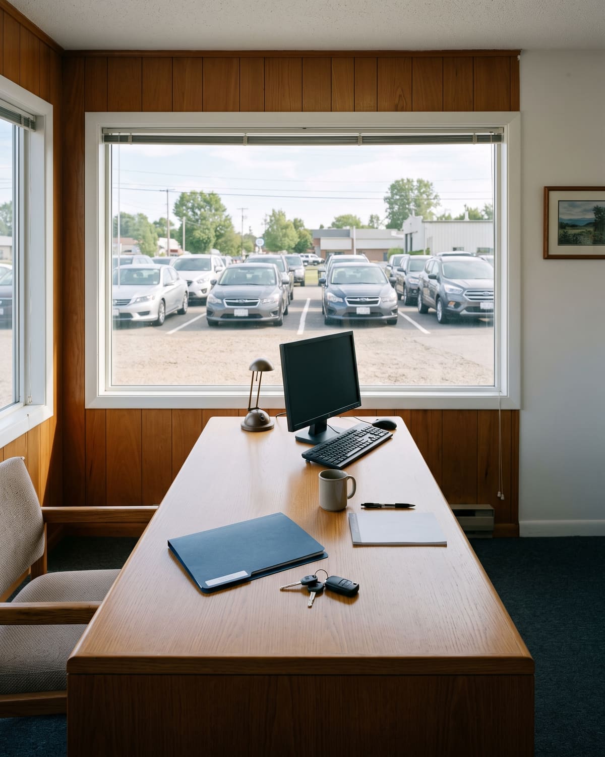 A sales desk with keys on top and the lot visible through the window
