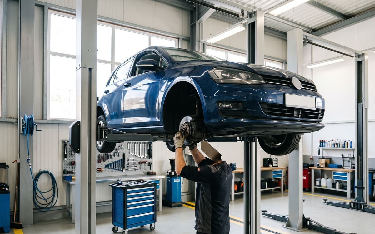 A car on a lift in a clean shop
