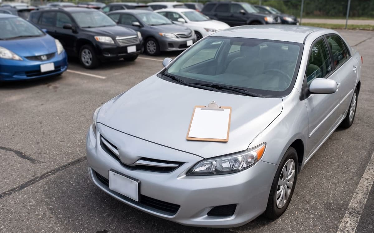 A clipboard with an appraisal sheet on a car's hood